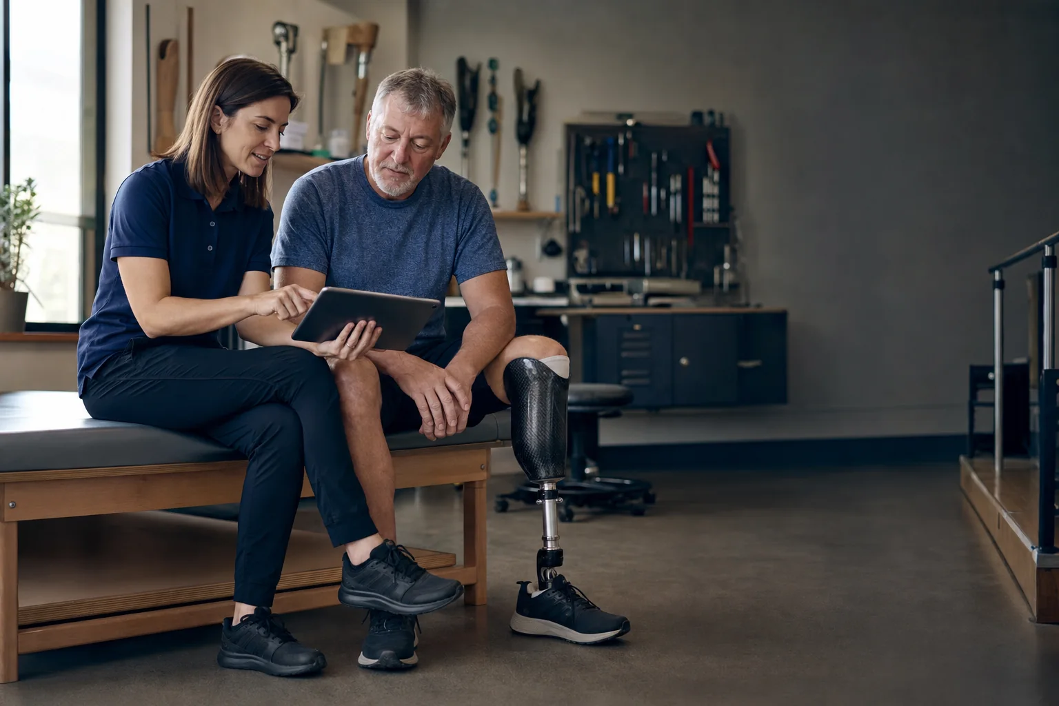 An O&P clinician and a patient review care information together on a tablet.